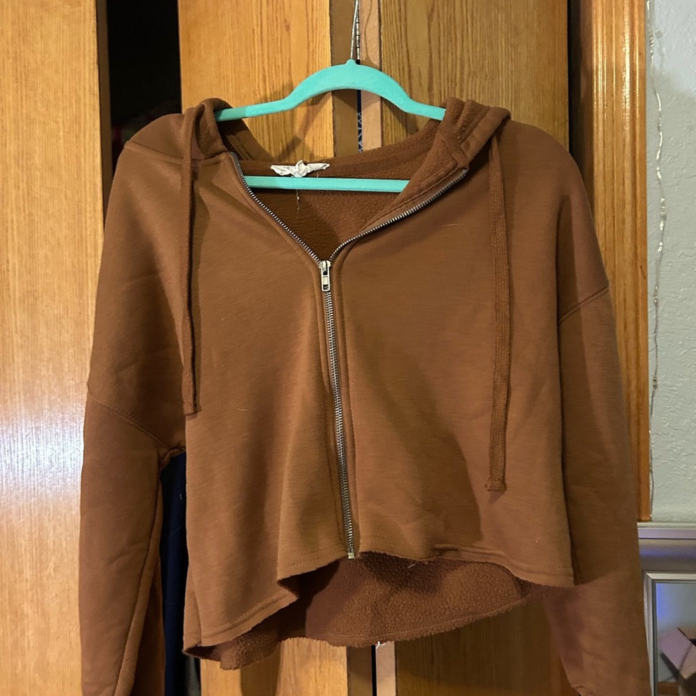 Hippie Rose Brown Cropped Zippered Hoodie